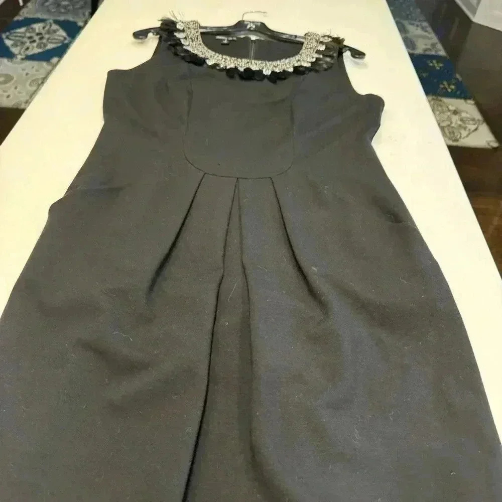 NWOT Lafayette 148 Black Stretch Ponte Knit Beads & Feathers Neckline Dress 8 - Picture 5 of 11